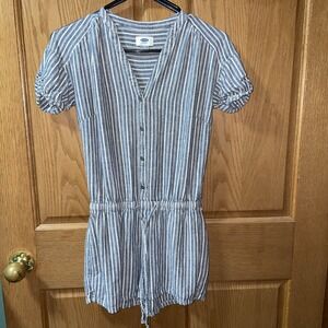 Old Navy Linen Blend Romper Womens XS Short Sleeve Blue White Striped Drawstring